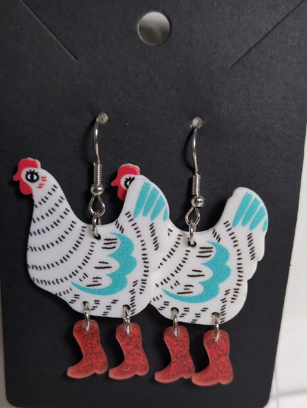Chicken Dangle Earrings with Red Boots and Teal Accents